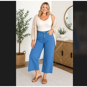 Judy Blue Wide Leg Jeans 15 32 High Rise Crop Tummy Control Sky Blue Raw Hem NWT